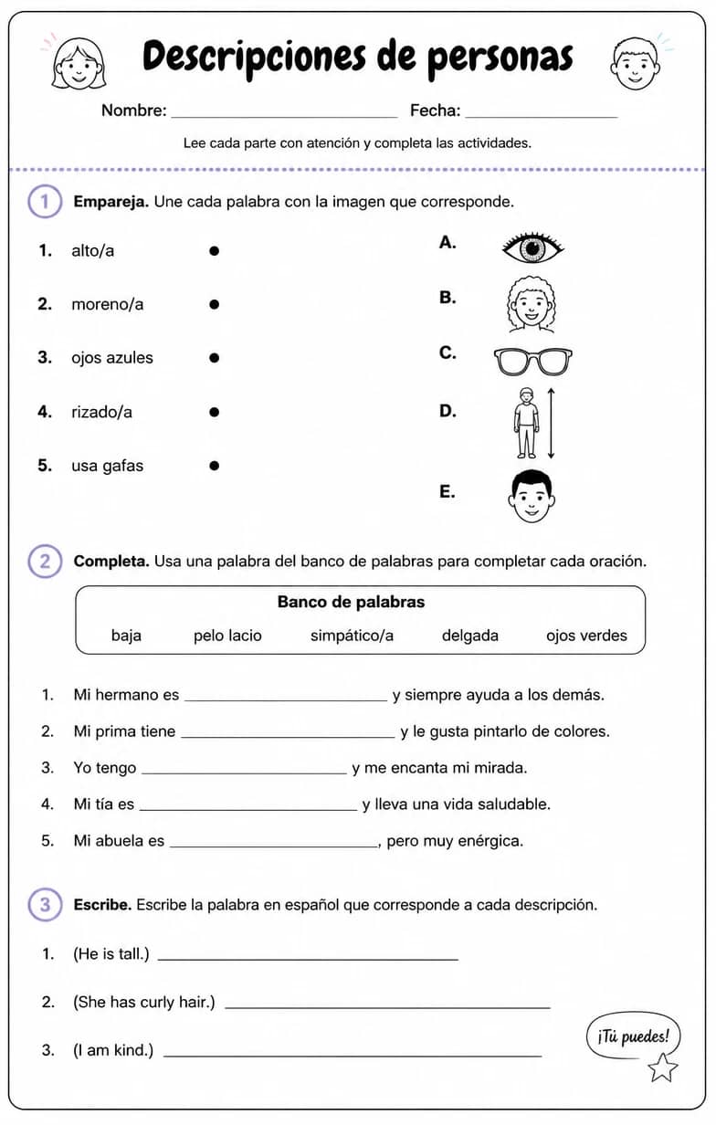 Reconocer palabras, frases o oraciones en español relacionadas con personas describiéndose a sí mismas. — free printable High School Spanish worksheet