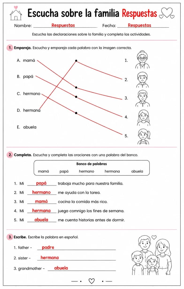 Answer key for Reconocer palabras, frases o oraciones en español relacionadas con declaraciones familiares. — free printable Spanish worksheet