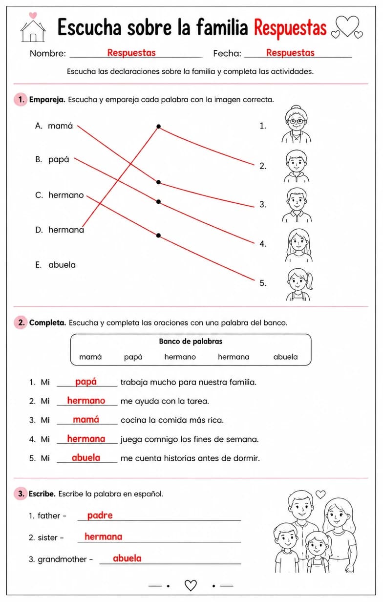 Answer key for Reconocer palabras, frases o oraciones en español relacionadas con declaraciones familiares. — free printable Spanish worksheet