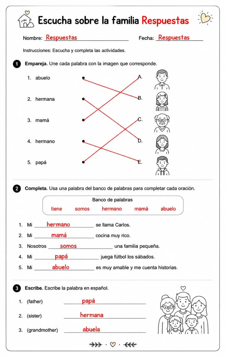 Answer key for Reconocer palabras, frases o oraciones en español relacionadas con descripciones familiares. — free printable Spanish worksheet
