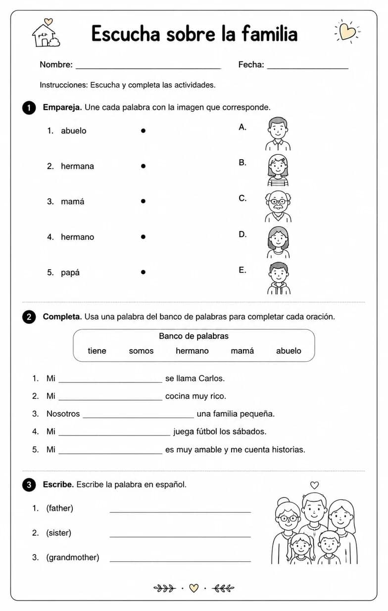 Reconocer palabras, frases o oraciones en español relacionadas con descripciones familiares. — free printable Middle School Spanish worksheet