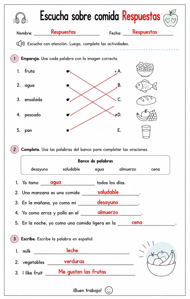 Answer key for Reconocer palabras, frases o oraciones en español relacionadas con hábitos alimenticios. — free printable Spanish worksheet