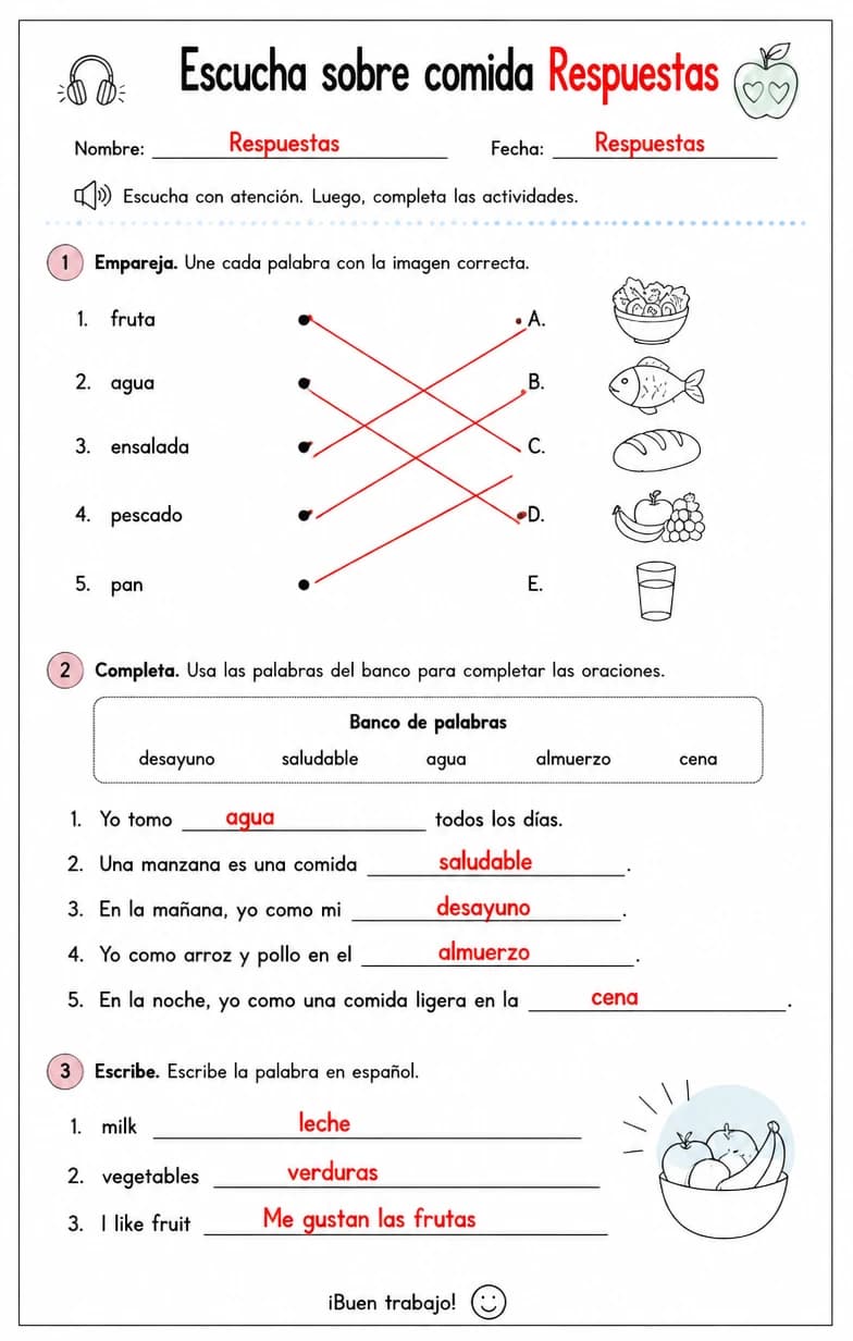 Answer key for Reconocer palabras, frases o oraciones en español relacionadas con hábitos alimenticios. — free printable Spanish worksheet