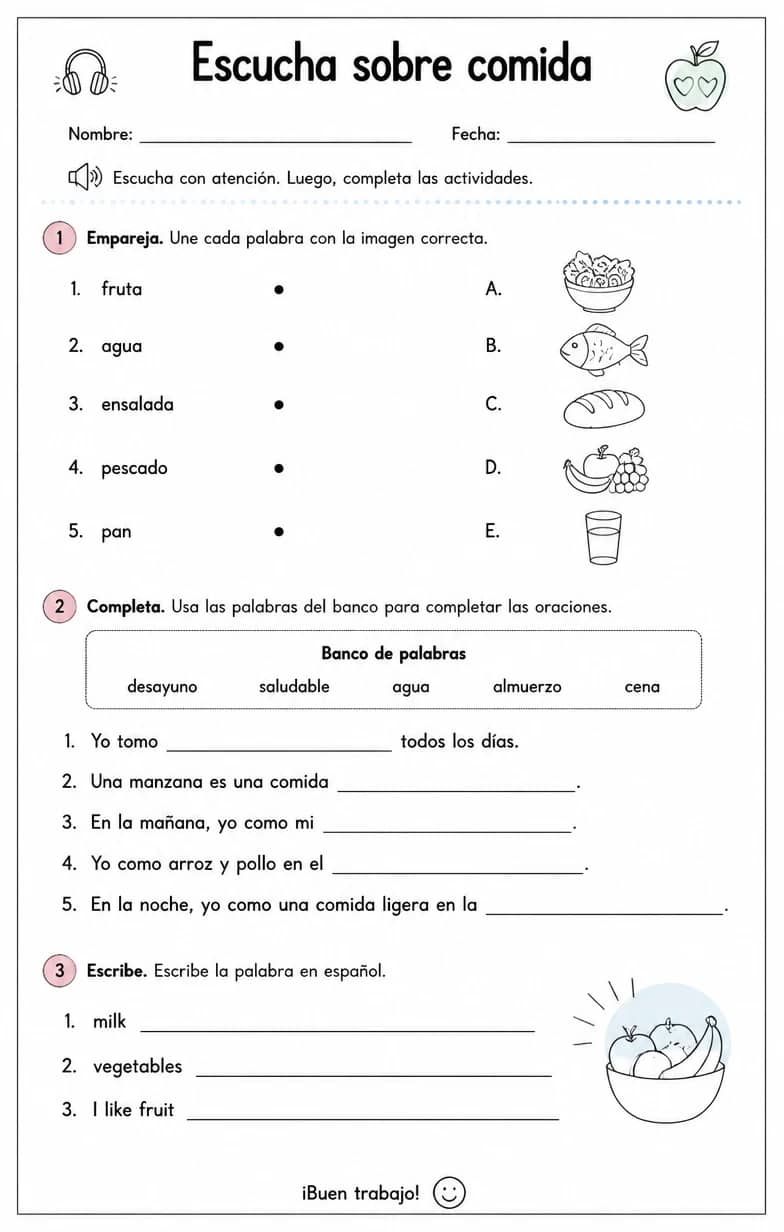 Reconocer palabras, frases o oraciones en español relacionadas con hábitos alimenticios. — free printable Middle School Spanish worksheet