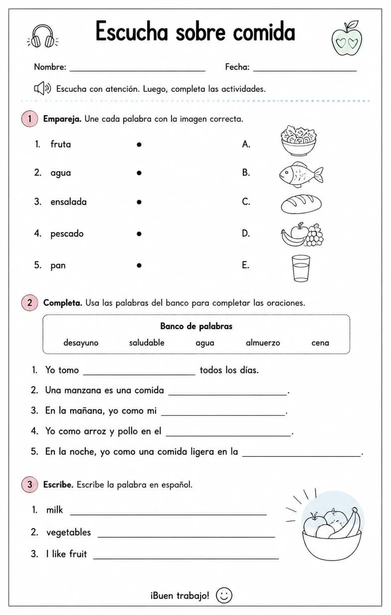 Reconocer palabras, frases o oraciones en español relacionadas con hábitos alimenticios.