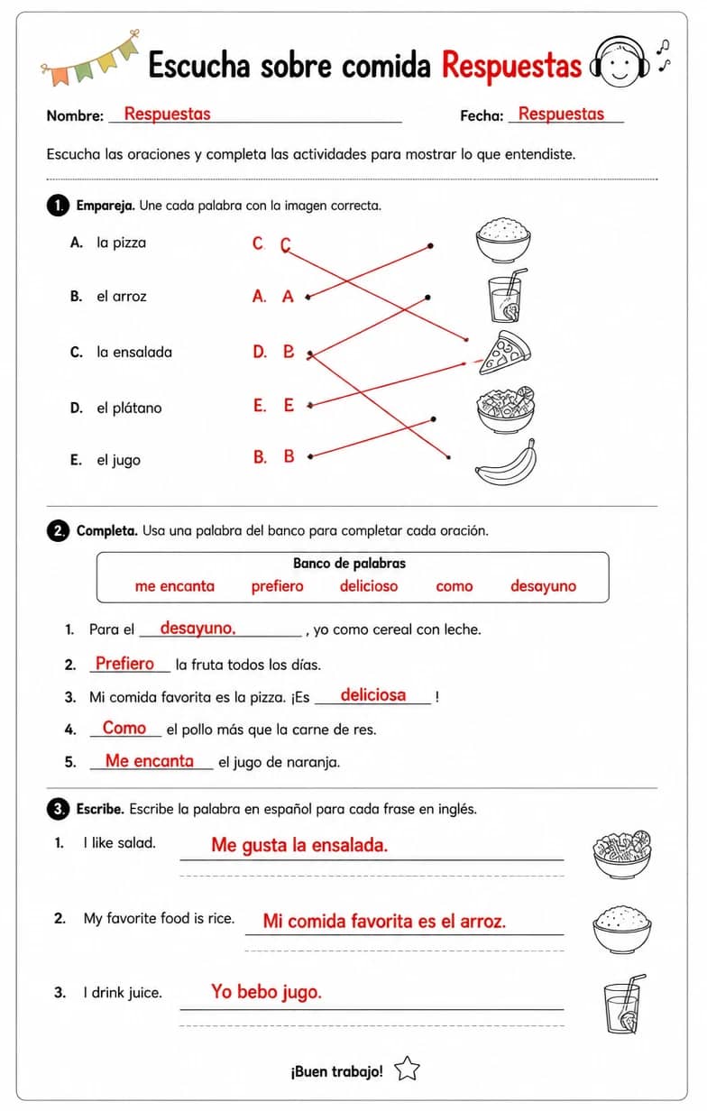 Answer key for Reconocer palabras, frases o oraciones en español relacionadas con comidas favoritas. — free printable Spanish worksheet