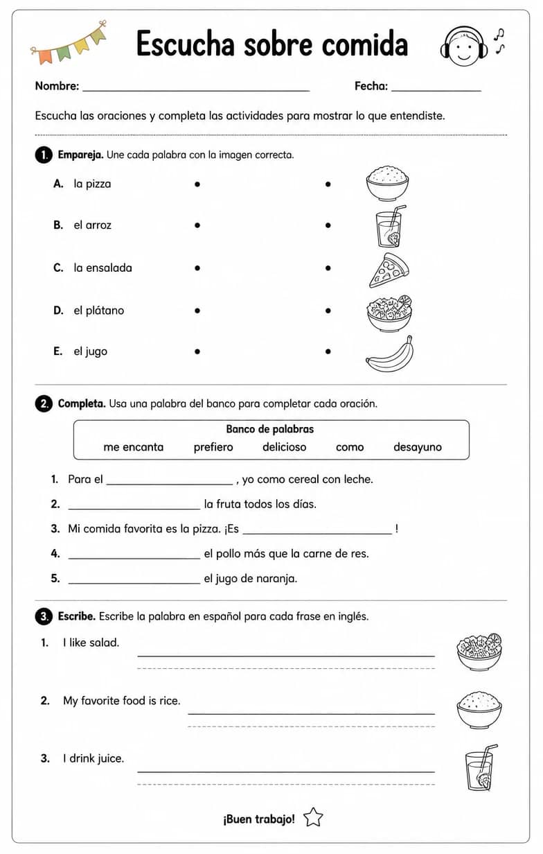 Reconocer palabras, frases o oraciones en español relacionadas con comidas favoritas. — free printable Middle School Spanish worksheet