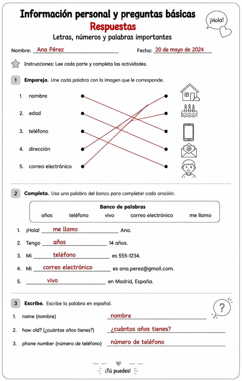 Answer key for Reconocer palabras, frases o oraciones en español relacionadas con letras y números. — free printable Spanish worksheet