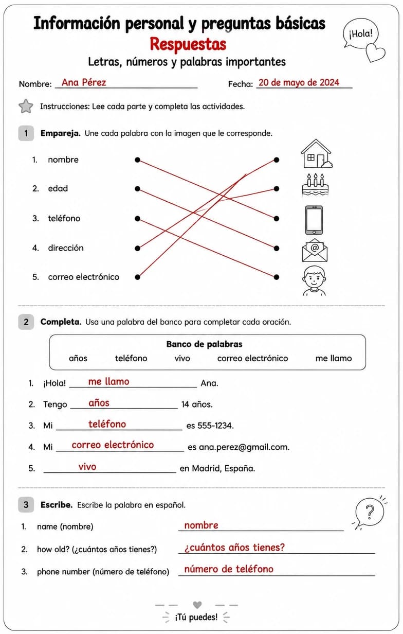 Answer key for Reconocer palabras, frases o oraciones en español relacionadas con letras y números. — free printable Spanish worksheet