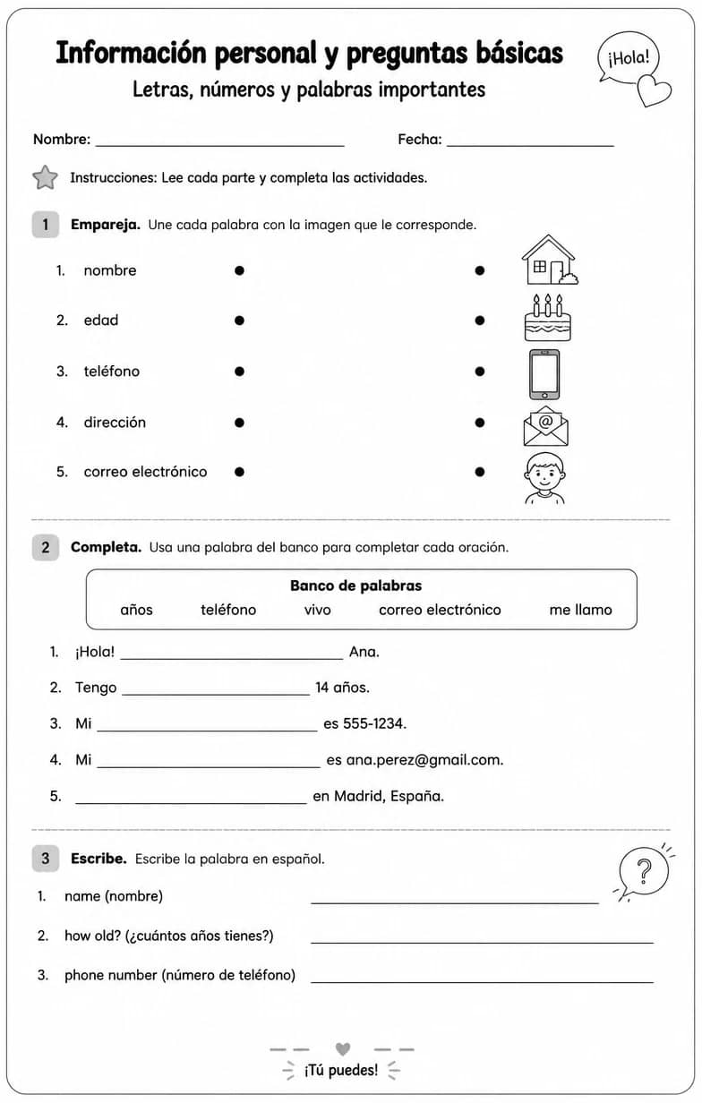 Reconocer palabras, frases o oraciones en español relacionadas con letras y números. — free printable Middle School Spanish worksheet