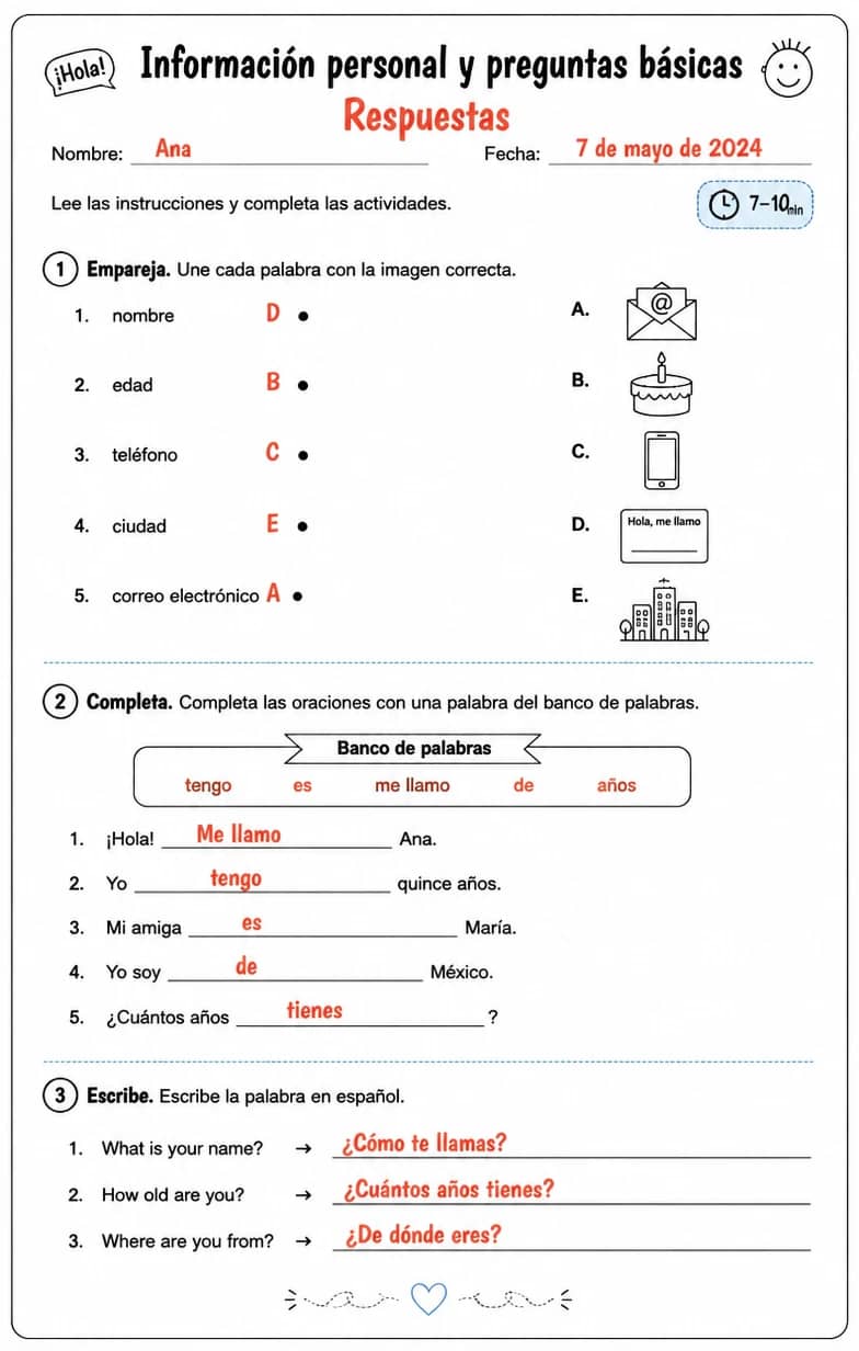 Answer key for Reconocer palabras, frases o oraciones en español relacionadas con preguntas básicas. — free printable Spanish worksheet