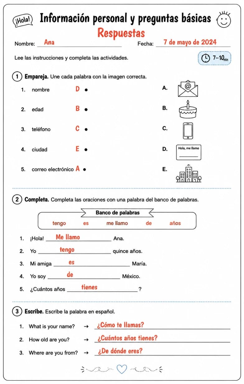 Answer key for Reconocer palabras, frases o oraciones en español relacionadas con preguntas básicas. — free printable Spanish worksheet