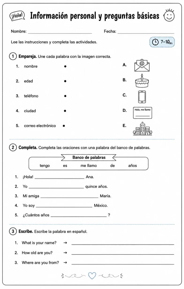 Reconocer palabras, frases o oraciones en español relacionadas con preguntas básicas. — free printable Middle School Spanish worksheet