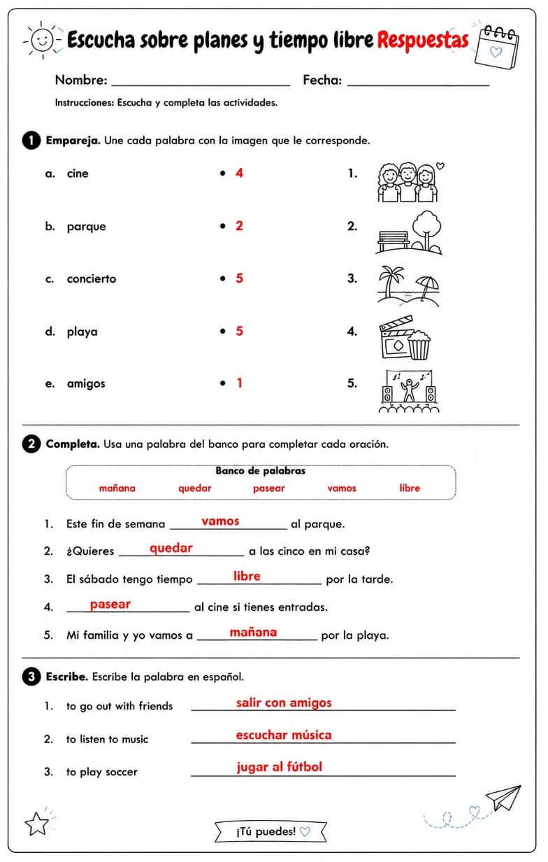 Answer key for Reconocer palabras, frases o oraciones en español relacionadas con hacer planes. — free printable Spanish worksheet