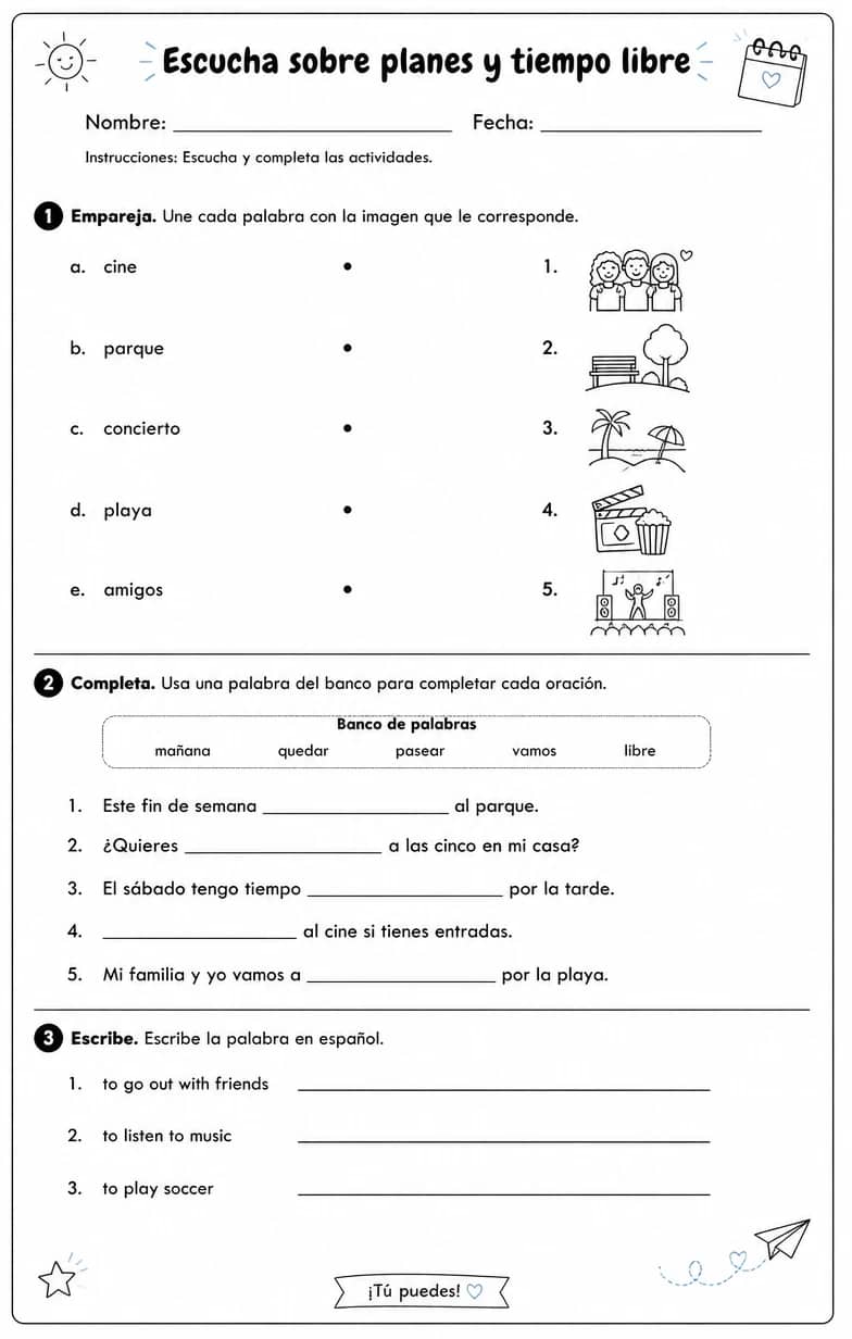 Reconocer palabras, frases o oraciones en español relacionadas con hacer planes. — free printable High School Spanish worksheet