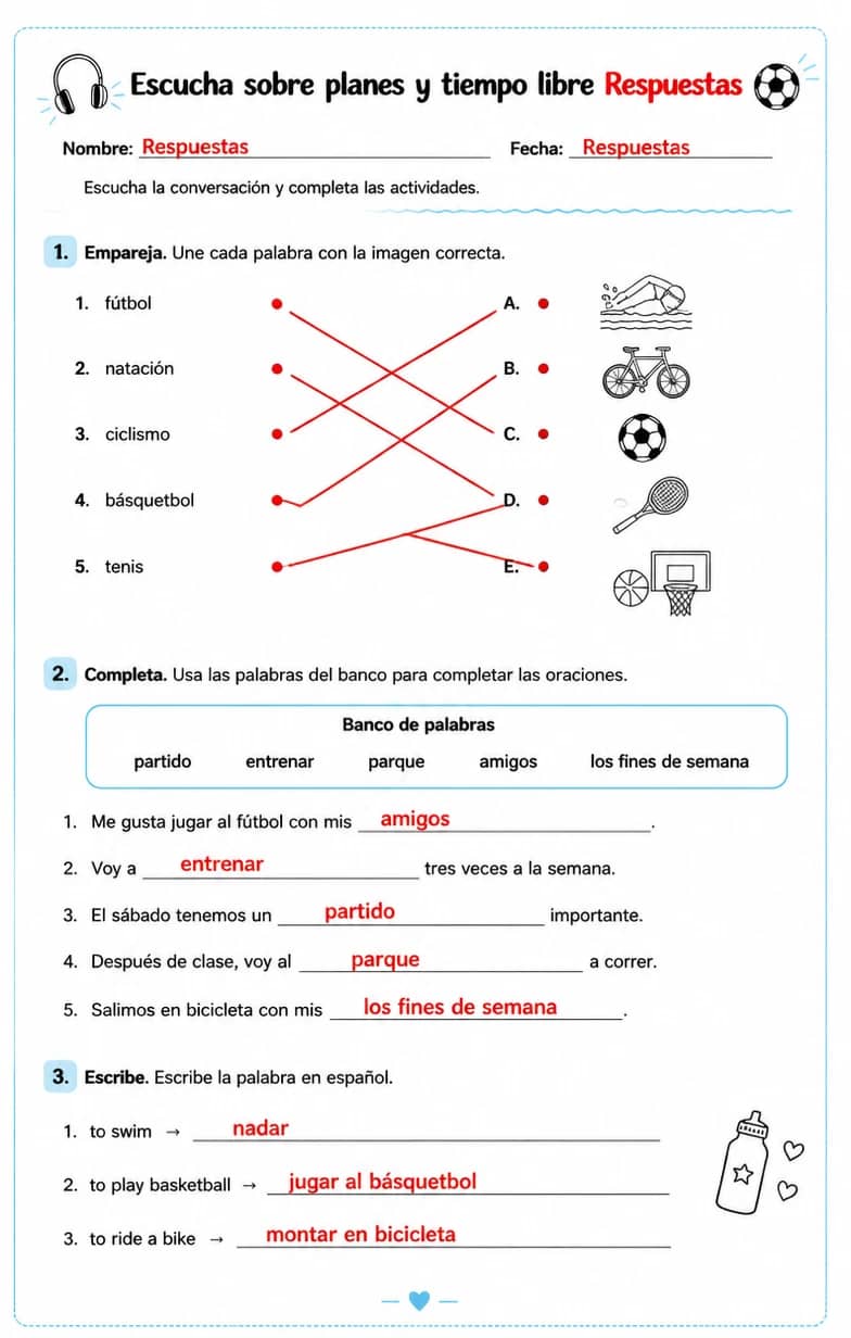 Answer key for Reconocer palabras, frases o oraciones en español relacionadas con deportes. — free printable Spanish worksheet