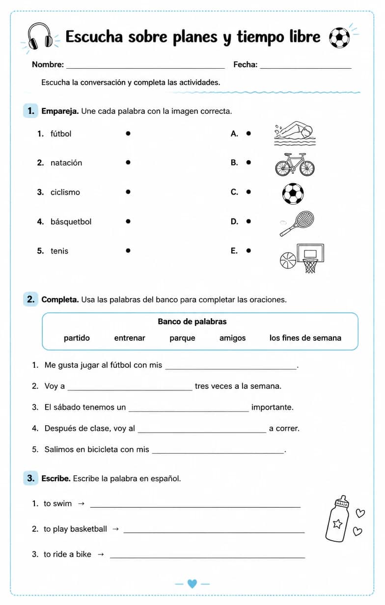 Reconocer palabras, frases o oraciones en español relacionadas con deportes. — free printable High School Spanish worksheet