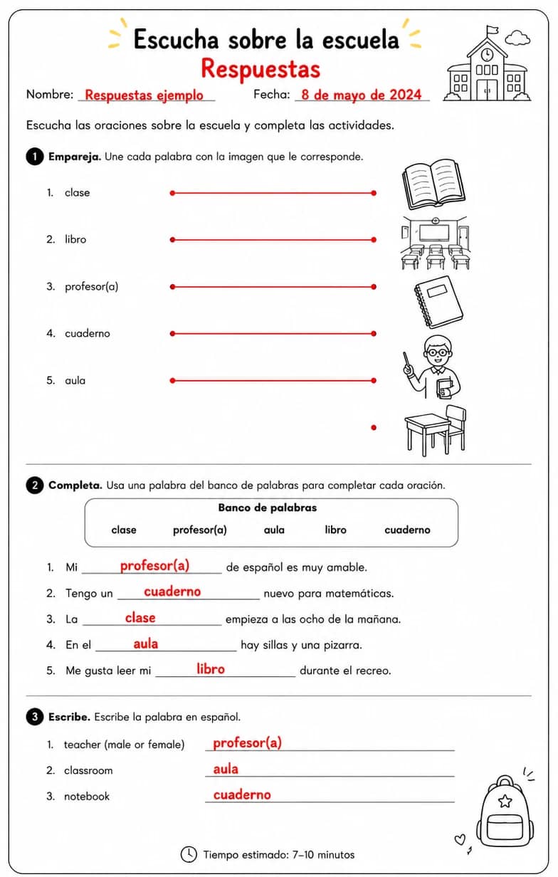 Answer key for Reconocer palabras, frases o oraciones en español relacionadas con clases. — free printable Spanish worksheet