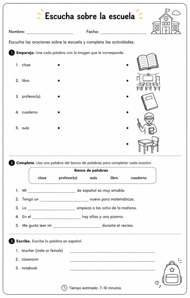 Reconocer palabras, frases o oraciones en español relacionadas con clases. — free printable Middle School Spanish worksheet