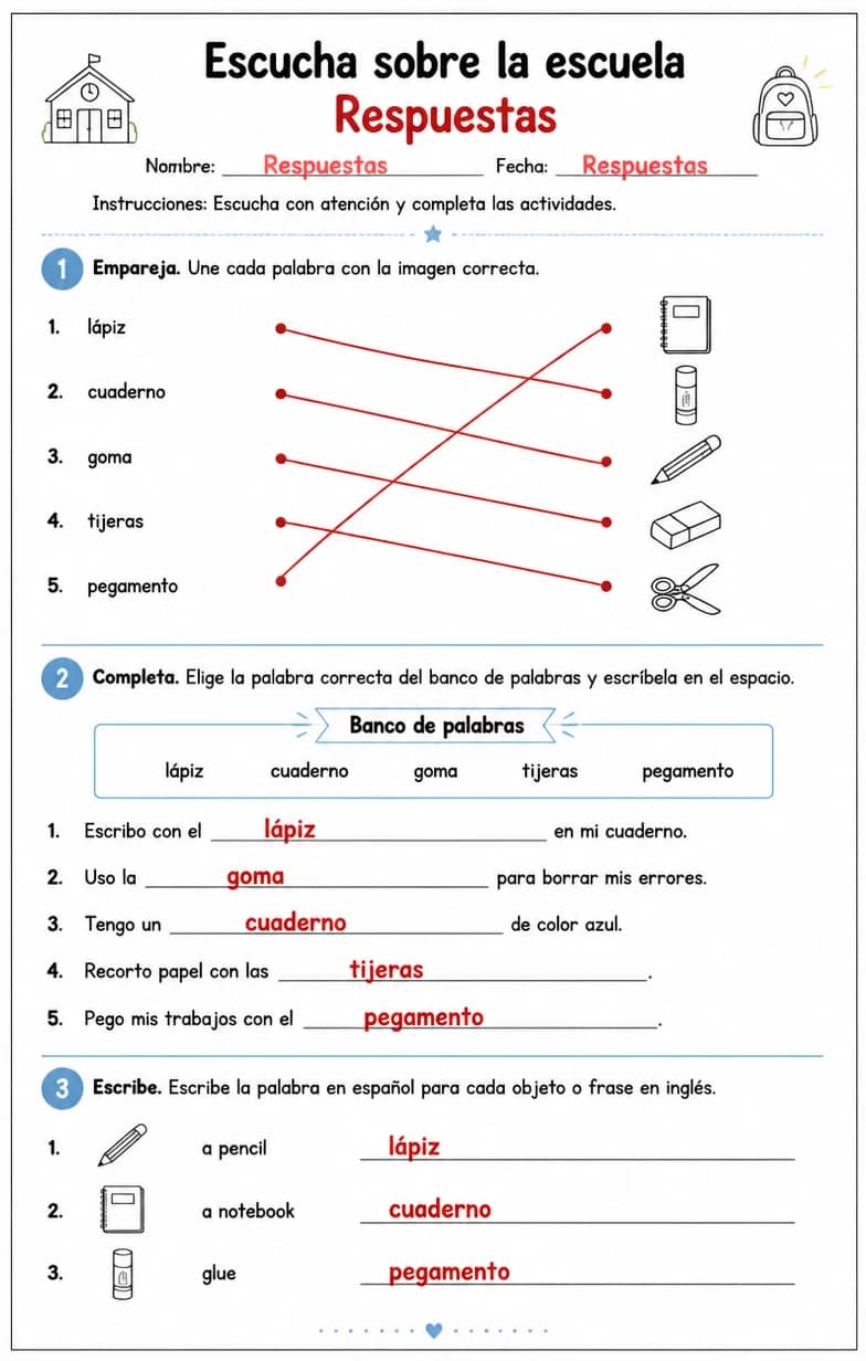 Answer key for Reconocer palabras, frases o oraciones en español relacionadas con útiles escolares. — free printable Spanish worksheet