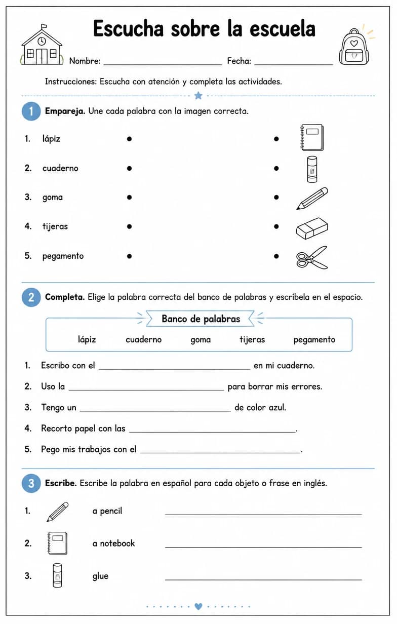 Reconocer palabras, frases o oraciones en español relacionadas con útiles escolares. — free printable Middle School Spanish worksheet