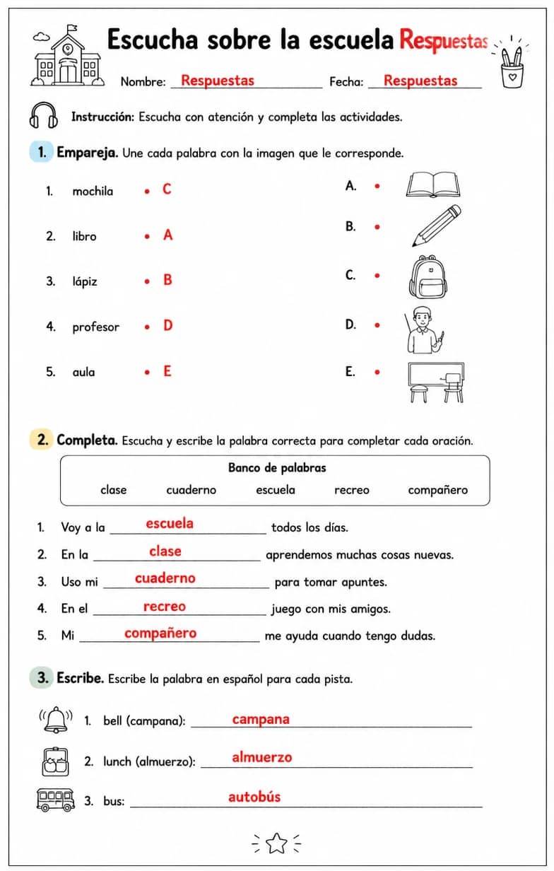 Answer key for Reconocer palabras, frases o oraciones en español relacionadas con el día escolar. — free printable Spanish worksheet