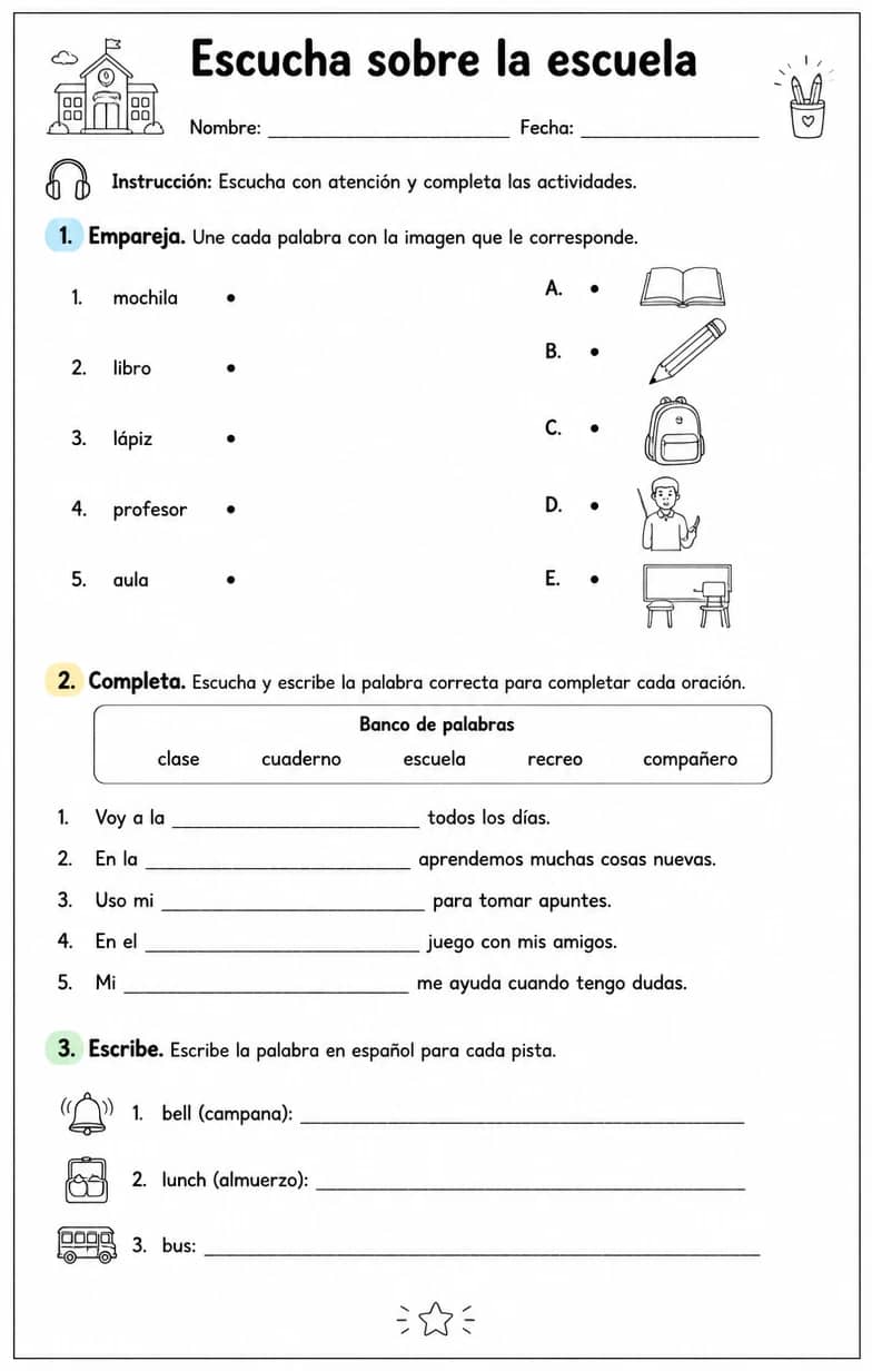 Reconocer palabras, frases o oraciones en español relacionadas con el día escolar. — free printable Middle School Spanish worksheet
