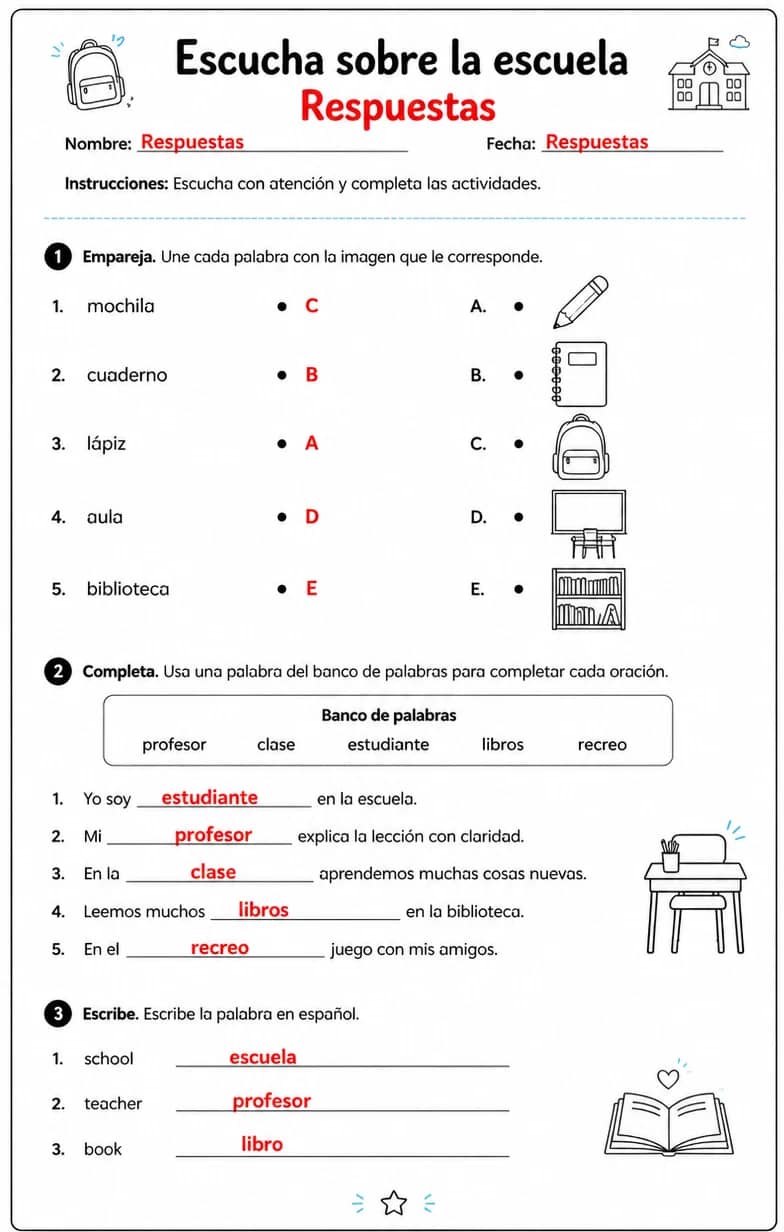 Answer key for Reconocer palabras, frases o oraciones en español relacionadas con la vida estudiantil. — free printable Spanish worksheet