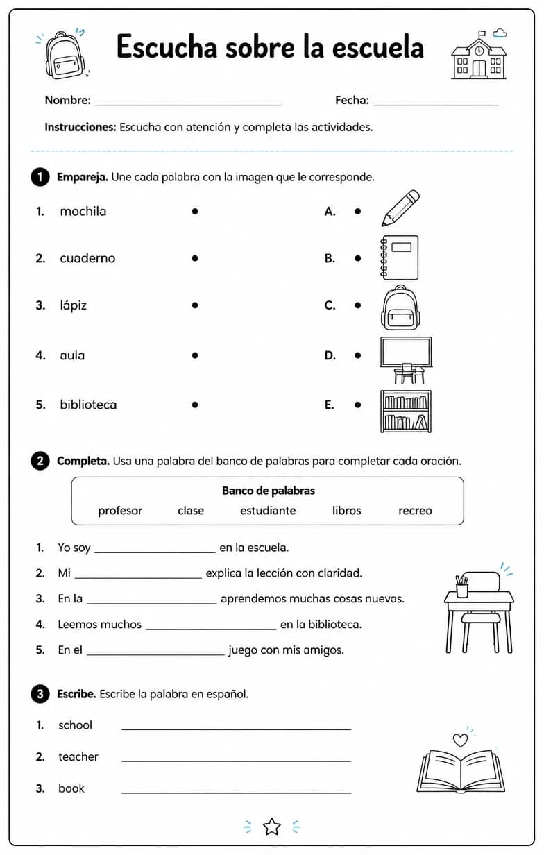 Reconocer palabras, frases o oraciones en español relacionadas con la vida estudiantil. — free printable Middle School Spanish worksheet