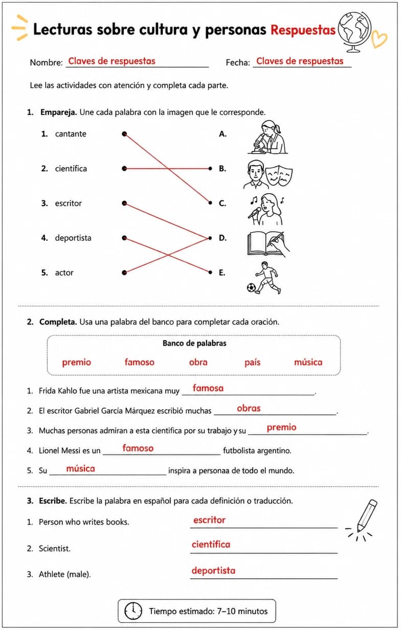 Answer key for Reconocer palabras, frases o oraciones en español relacionadas con personas famosas. — free printable Spanish worksheet