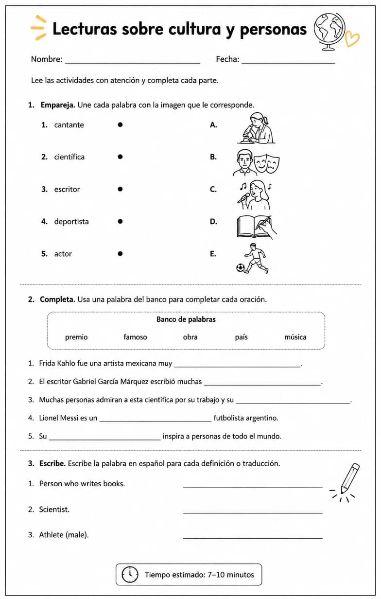 Reconocer palabras, frases o oraciones en español relacionadas con personas famosas. — free printable High School Spanish worksheet