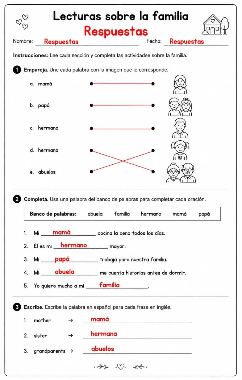 Answer key for Reconocer palabras, frases o oraciones en español relacionadas con las familias. — free printable Spanish worksheet