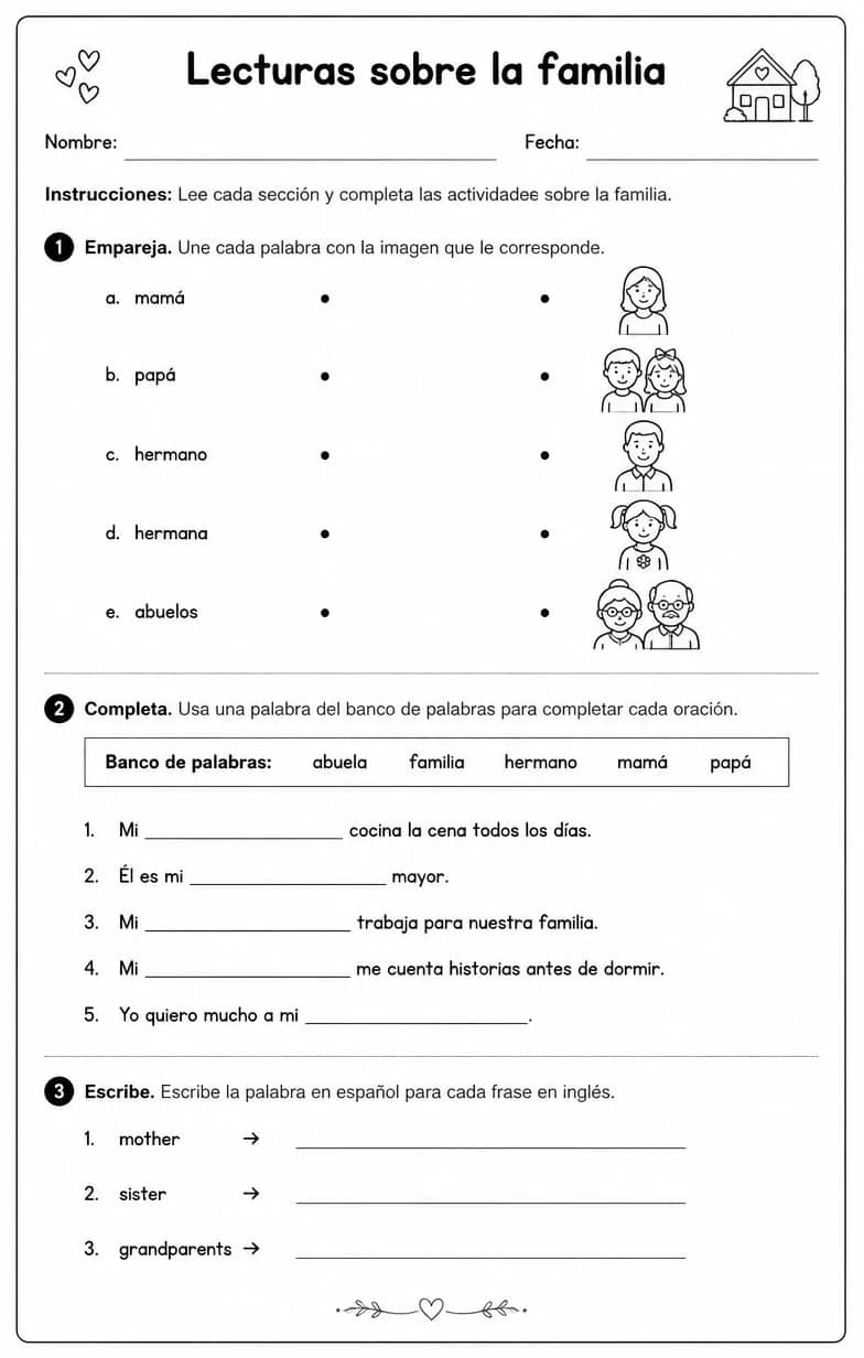 Reconocer palabras, frases o oraciones en español relacionadas con las familias. — free printable High School Spanish worksheet