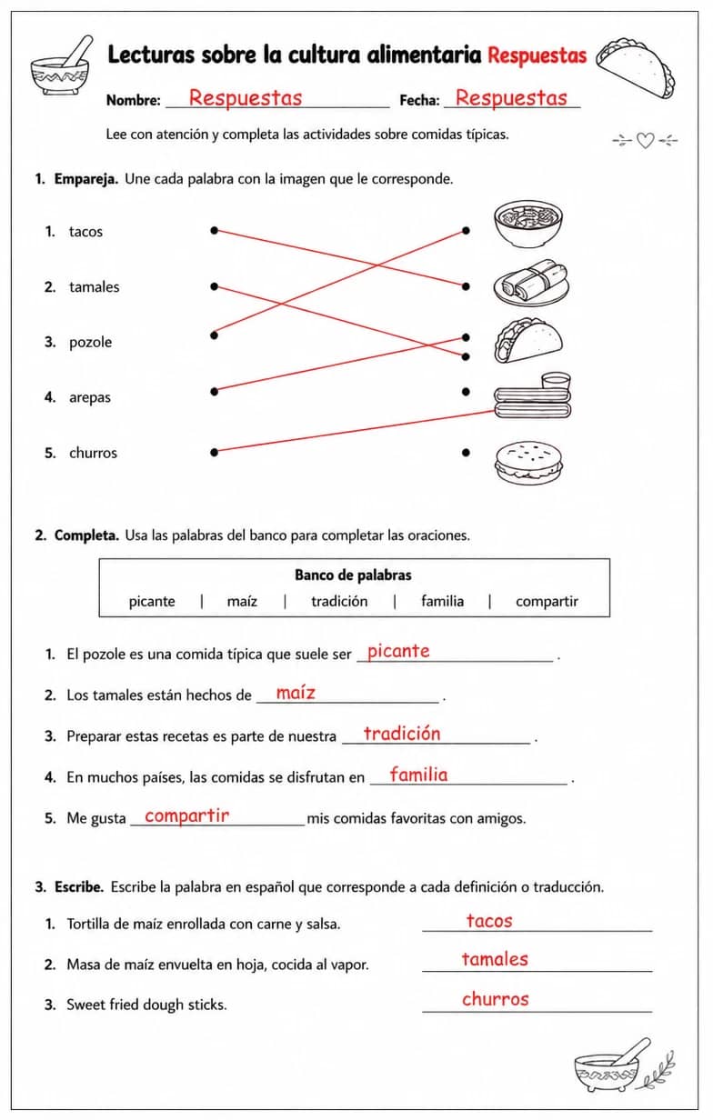 Answer key for Reconocer palabras, frases o oraciones en español relacionadas con comidas típicas. — free printable Spanish worksheet