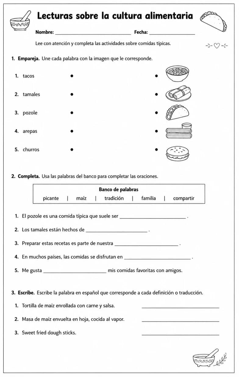 Reconocer palabras, frases o oraciones en español relacionadas con comidas típicas. — free printable High School Spanish worksheet