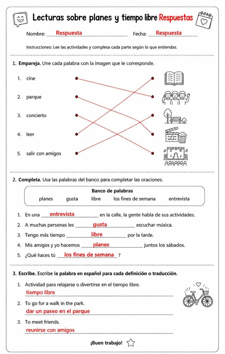 Answer key for Reconocer palabras, frases o oraciones en español relacionadas con entrevistas en la calle. — free printable Spanish worksheet