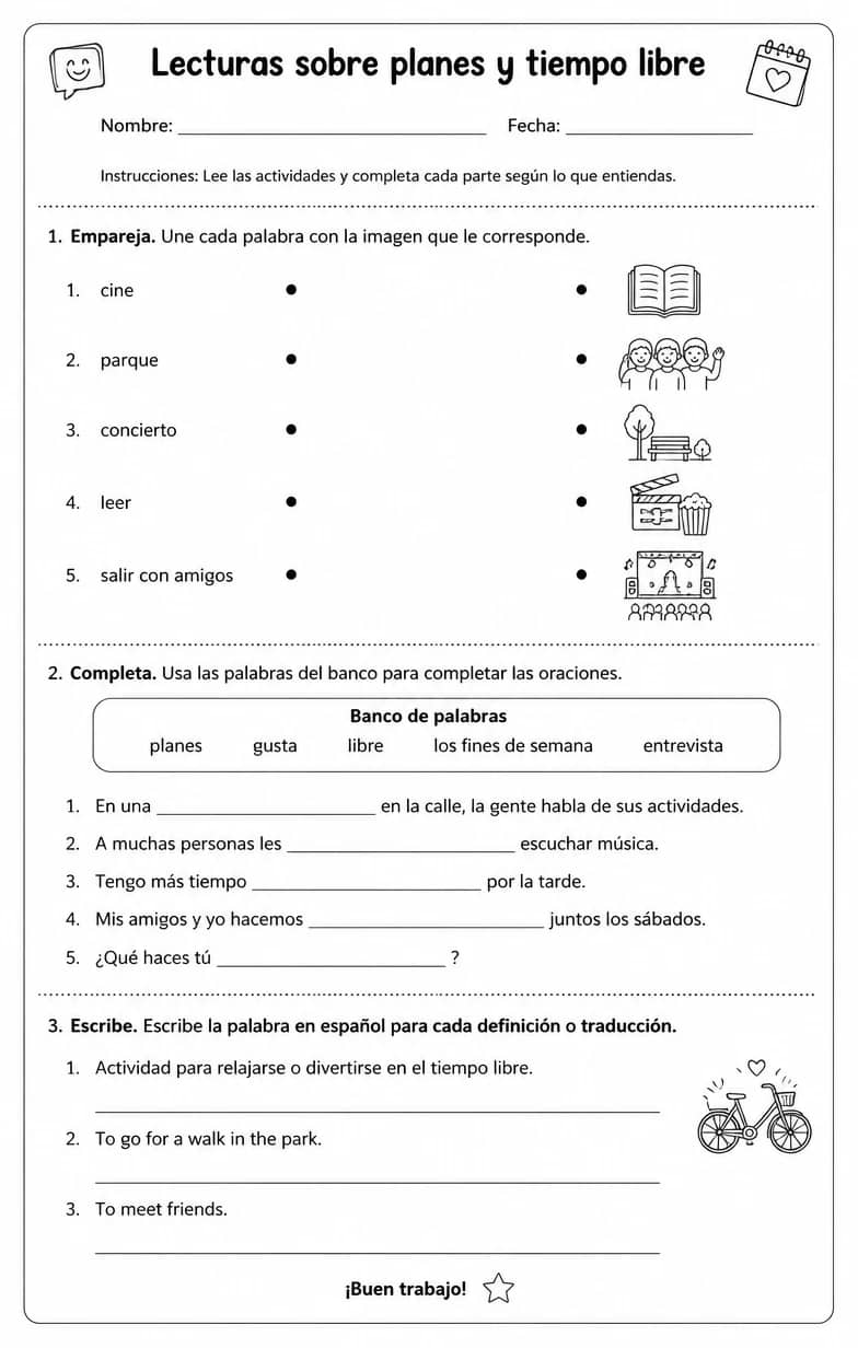 Reconocer palabras, frases o oraciones en español relacionadas con entrevistas en la calle. — free printable High School Spanish worksheet