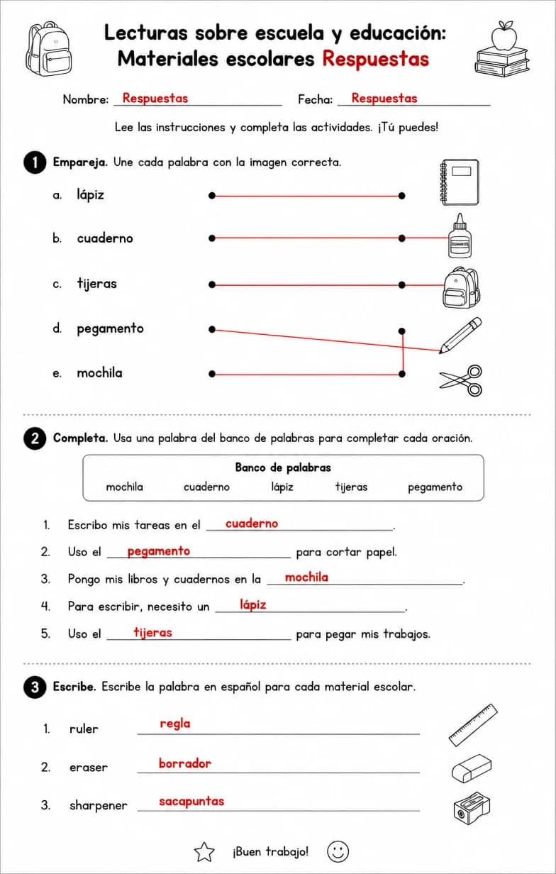 Answer key for Reconocer palabras, frases o oraciones en español relacionadas con materiales escolares. — free printable Spanish worksheet
