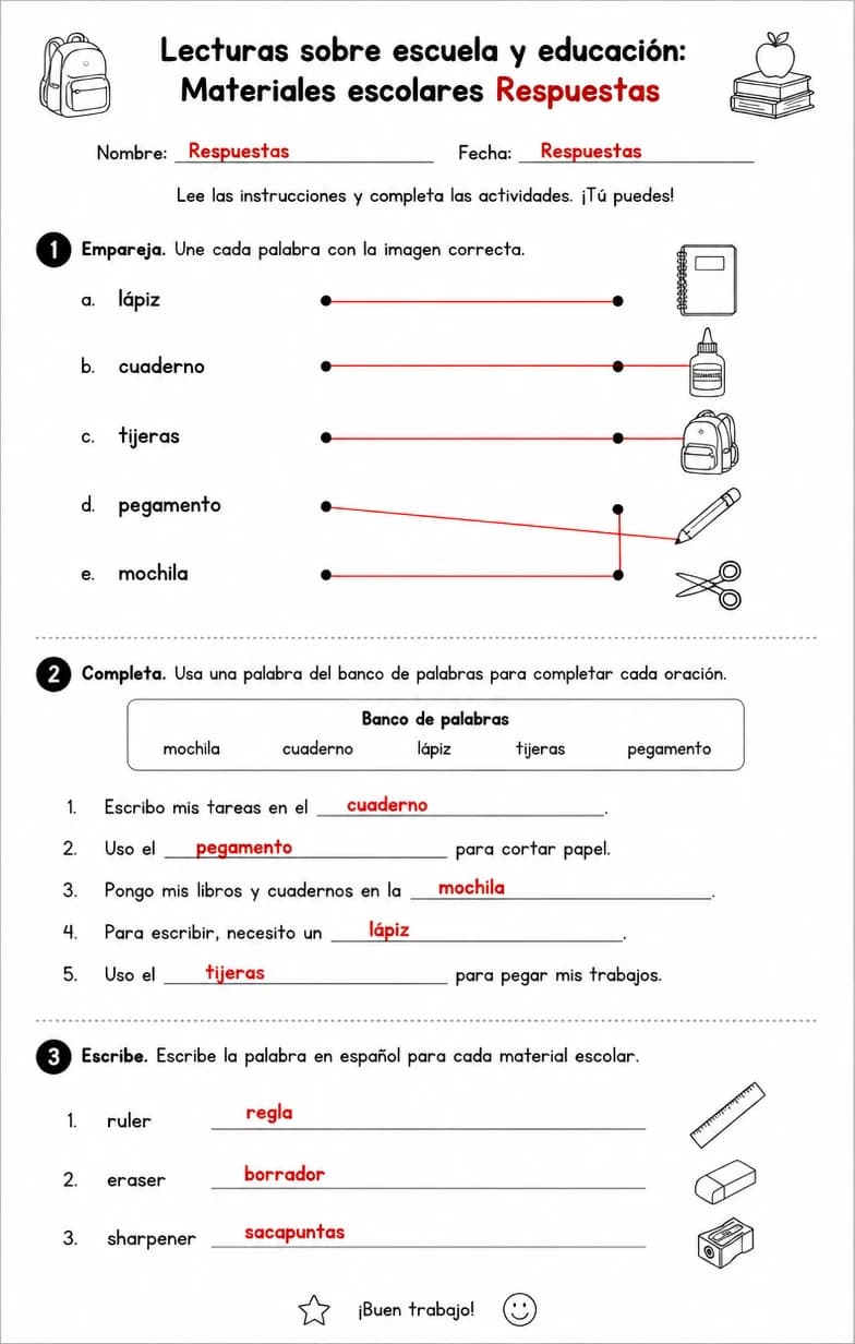Answer key for Reconocer palabras, frases o oraciones en español relacionadas con materiales escolares. — free printable Spanish worksheet