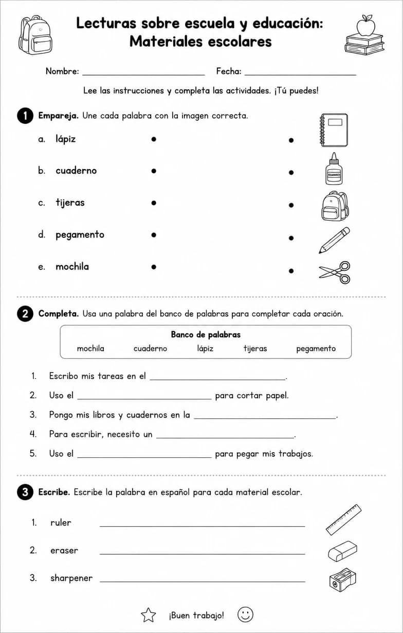 Reconocer palabras, frases o oraciones en español relacionadas con materiales escolares. — free printable High School Spanish worksheet