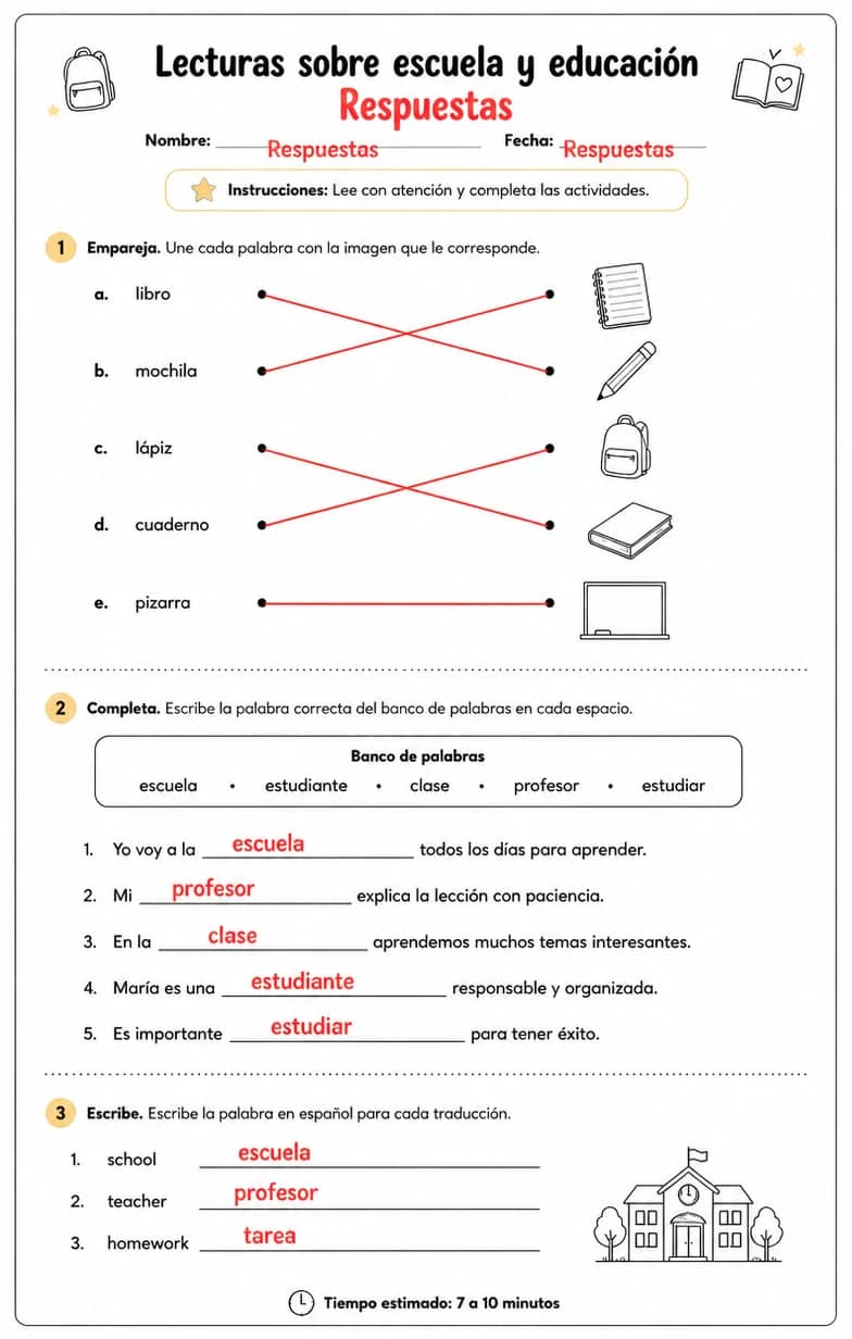 Answer key for Reconocer palabras, frases o oraciones en español relacionadas con la vida estudiantil. — free printable Spanish worksheet