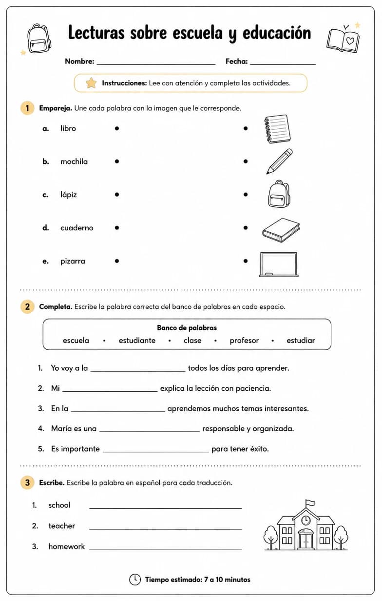 Reconocer palabras, frases o oraciones en español relacionadas con la vida estudiantil. — free printable High School Spanish worksheet