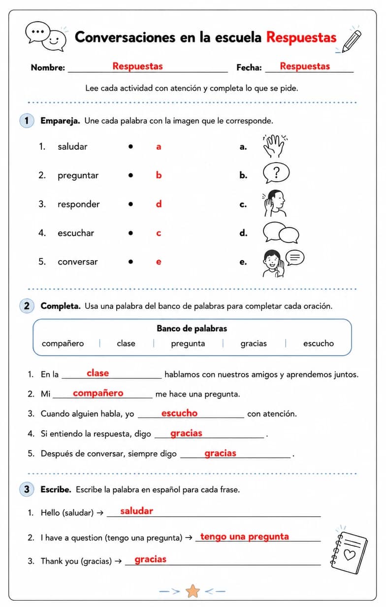 Answer key for Reconocer palabras, frases o oraciones en español relacionadas con conversaciones escolares. — free printable Spanish worksheet