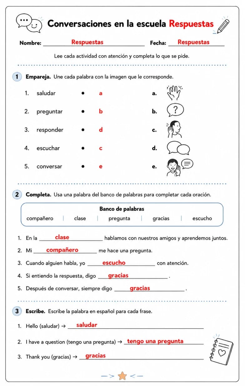 Answer key for Reconocer palabras, frases o oraciones en español relacionadas con conversaciones escolares. — free printable Spanish worksheet