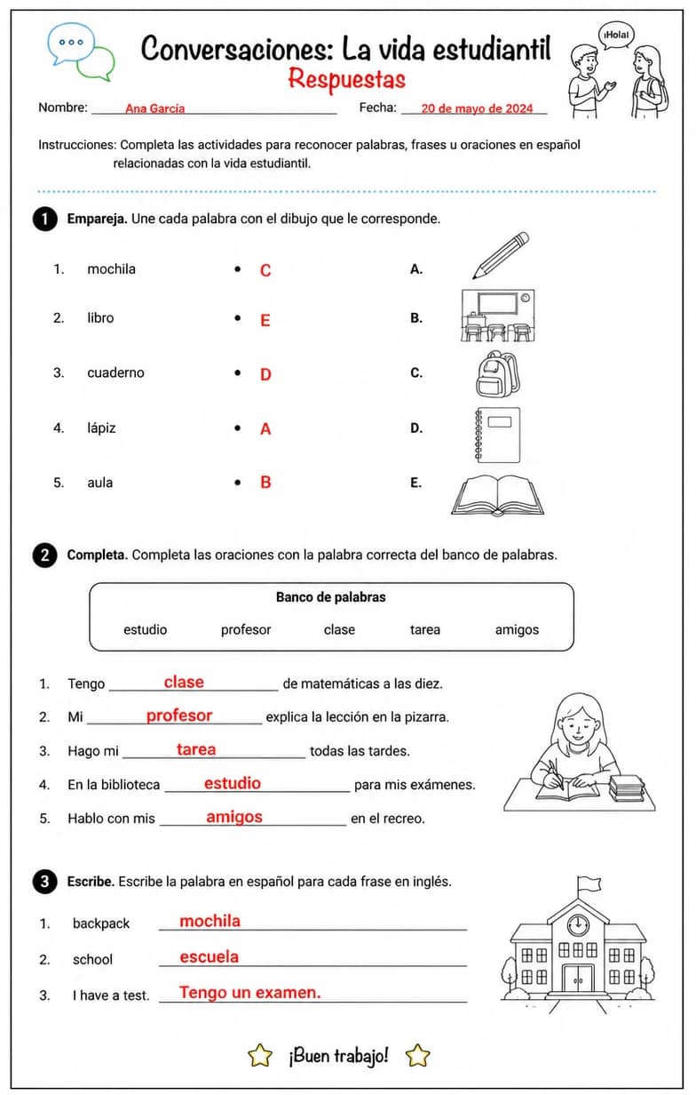 Answer key for Reconocer palabras, frases o oraciones en español relacionadas con la vida estudiantil. — free printable Spanish worksheet