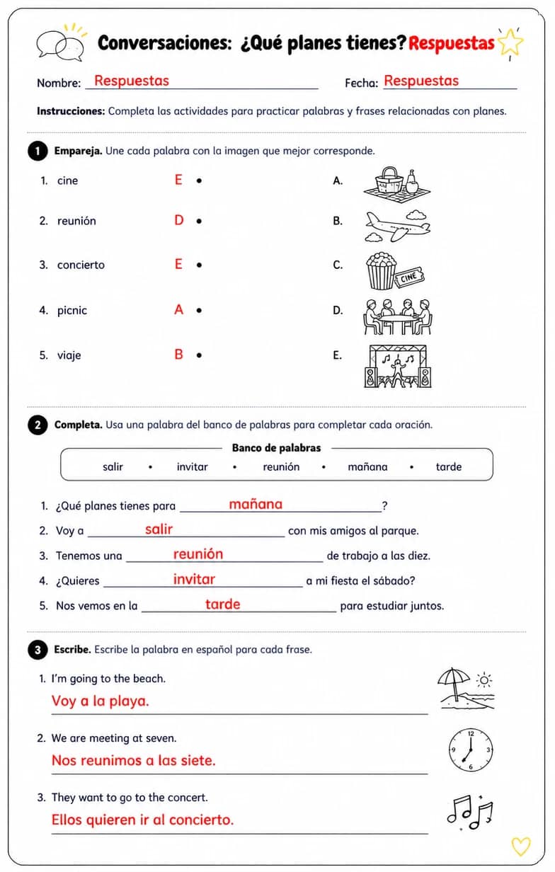 Answer key for Reconocer palabras, frases o oraciones en español relacionadas con planes. — free printable Spanish worksheet