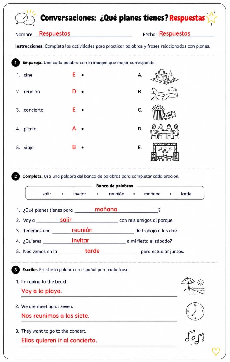 Answer key for Reconocer palabras, frases o oraciones en español relacionadas con planes. — free printable Spanish worksheet