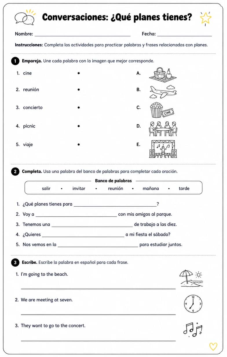 Reconocer palabras, frases o oraciones en español relacionadas con planes. — free printable Middle School Spanish worksheet
