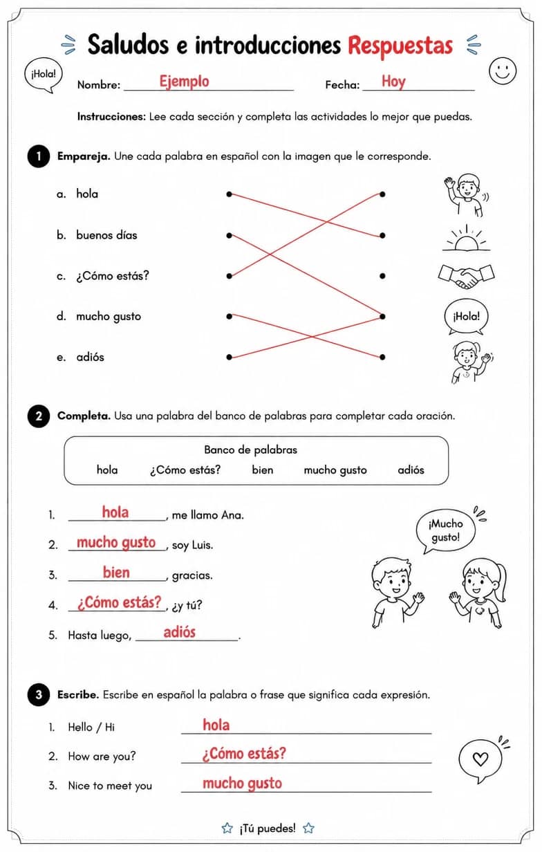 Answer key for Reconocer palabras, frases o oraciones en español relacionadas con saludos. — free printable Spanish worksheet