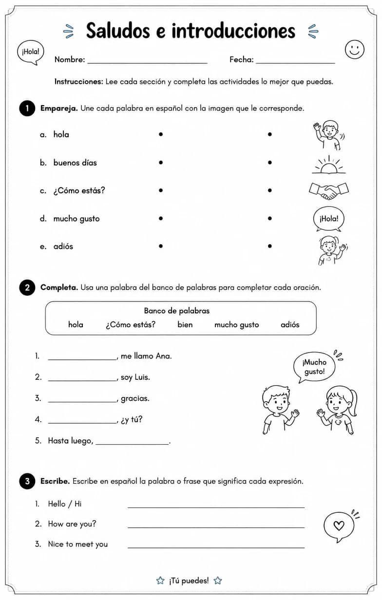 Reconocer palabras, frases o oraciones en español relacionadas con saludos. — free printable Middle School Spanish worksheet